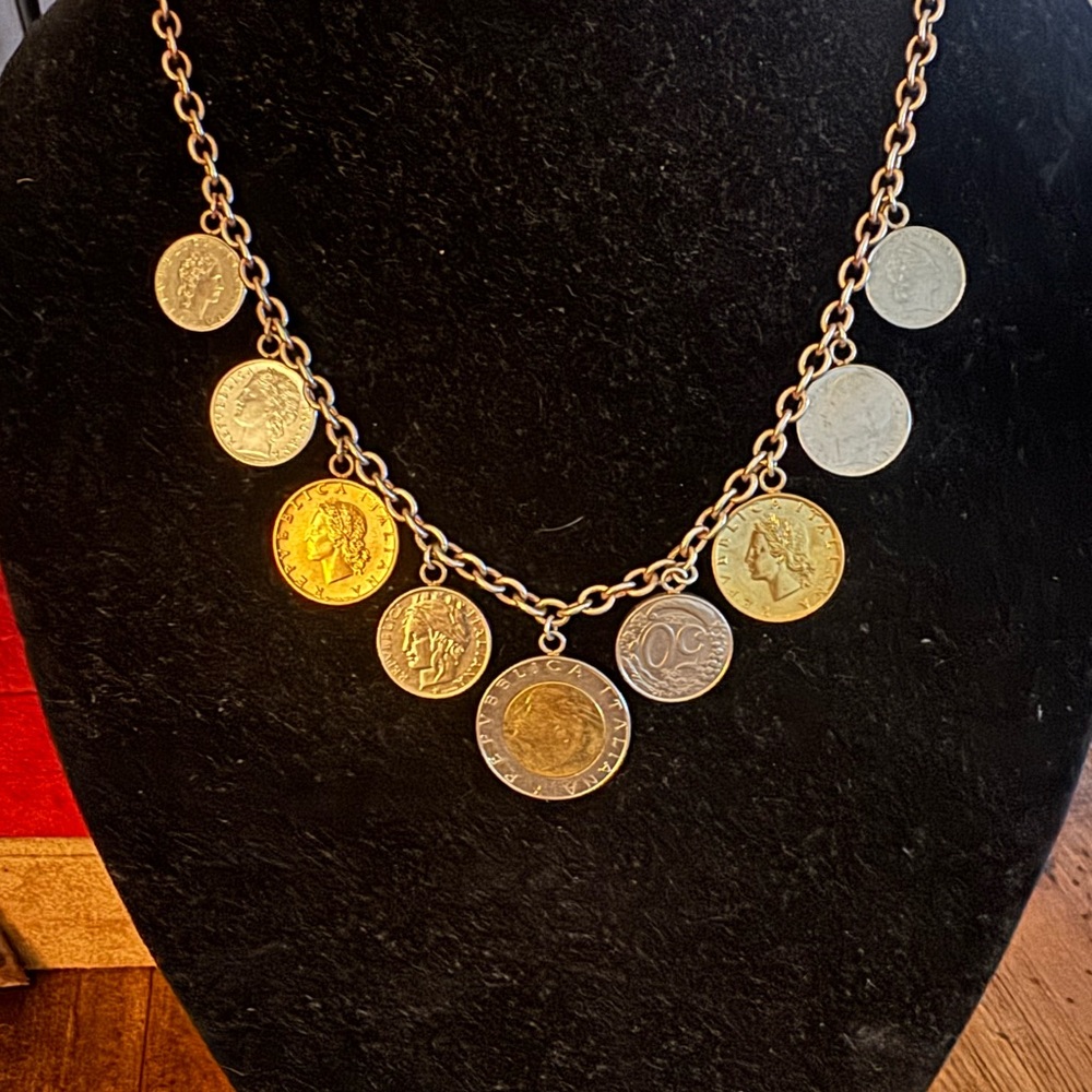 Estate Milor Italy 925 Silver Chunky Italian Lira 9 Coin Charm Necklace
